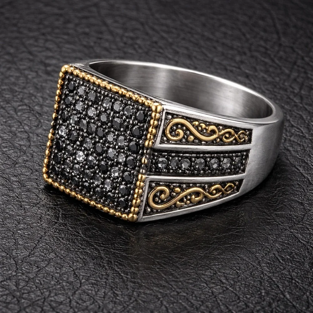 Grey Austrian Crystal Square Ring Black Oxidized 316L Stainless Steel Men’s 2CT